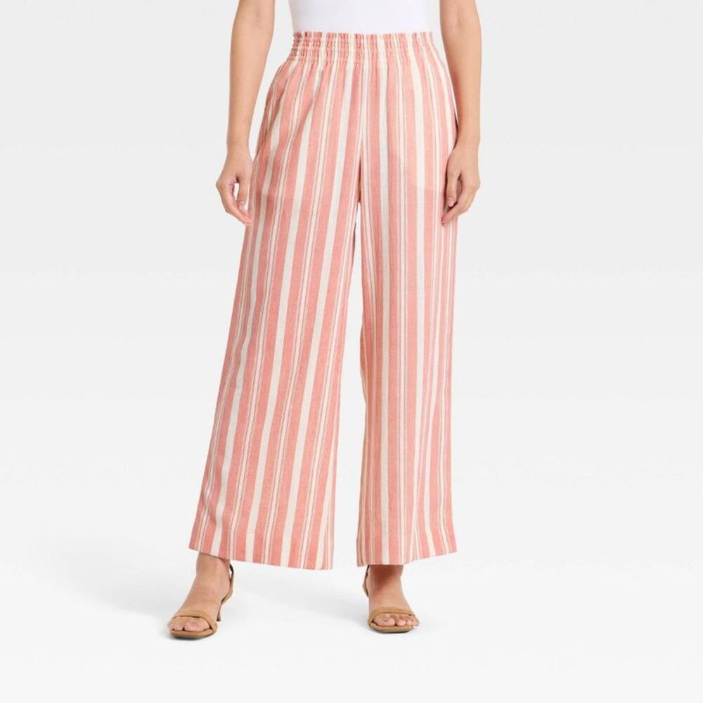 A New Day - Women's Linen Wide Leg Pull-On Pants - A New Day R Red/White